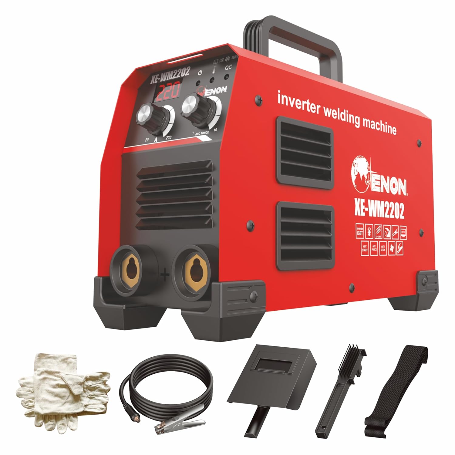 ENON Inverter ARC Welding Machine 20-220A (Advanced IGBT) Single Phase, 10800W, Hot Start, Anti-Stick, Portable (XE-WM2202) ENON Inverter ARC Welding Machine 20-220A (Advanced IGBT) Single Phase, 10800W, Hot Start, Anti-Stick, Portable (XE-WM2202)